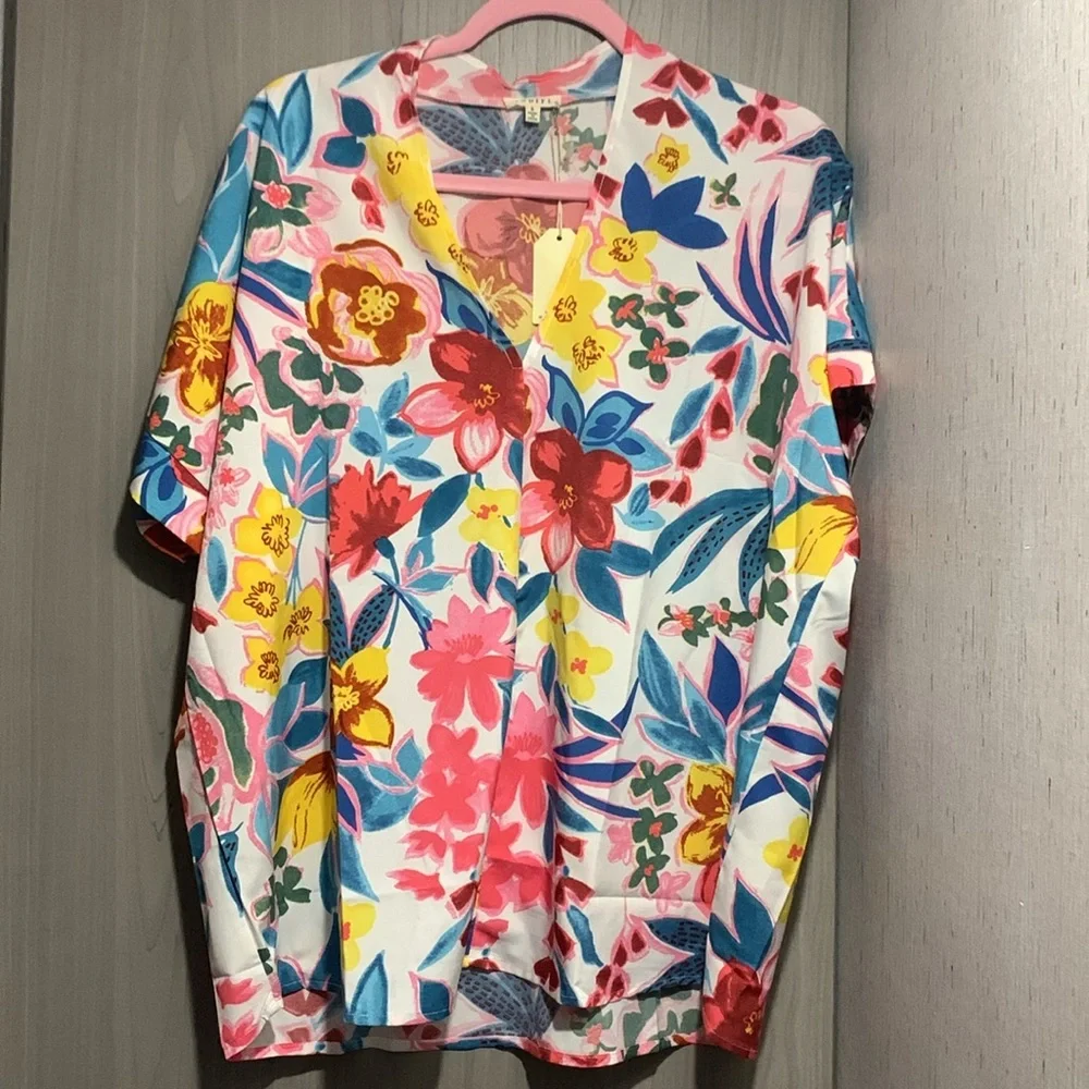 JODIFL Vibrant Pink Floral V-Neck Short Sleeve Oversized Flowy Top - SMALL - NWT - Picture 8 of 10